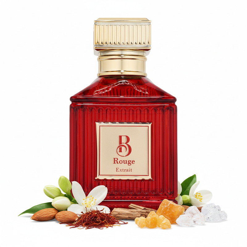 Perfume con notas de almendra amarga, azafrán, jazmín egipcio, cedro, ámbar gris, ambroxan, almizcle y notas amaderadas