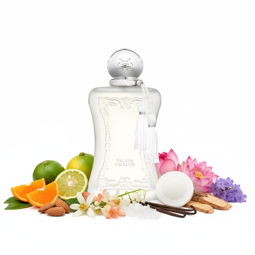 Perfume con notas de almendra, mandarina, bergamota, notas empolvadas, flor de azahar, lirio de los valles, loto, vainilla, ambroxan, akigalawood, sándalo, almizcle blanco y heliotropo