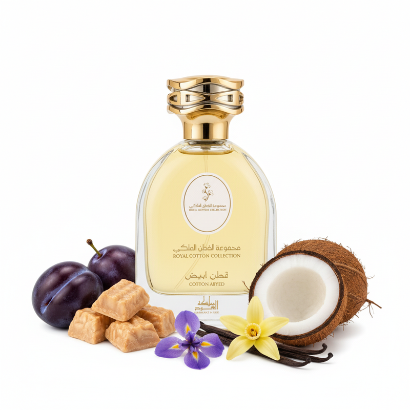Perfume con notas de almizcle, ciruela, praliné, orris, vainilla y coco