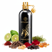 Perfume con notas de azafrán, bergamota, madera de oud, rosa de Bulgaria, haba tonka, caña de azúcar, ámbar, almizcle blanco y musgo de roble