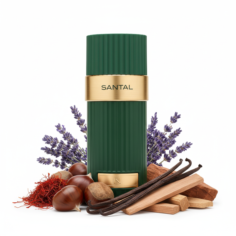 Perfume con notas de azafrán, castaña, lavanda, vainilla, sándalo y cedro