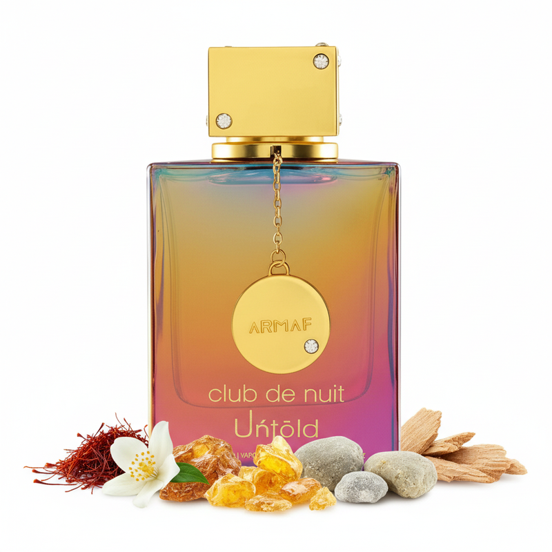 Perfume con notas de azafrán, jazmín, amberwood, ámbar gris, resina de abeto y cedro
