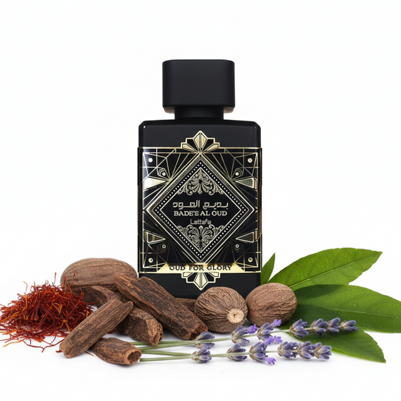 Perfume con notas de azafrán, nuez moscada, lavanda, madera de oud, pachulí y almizcle