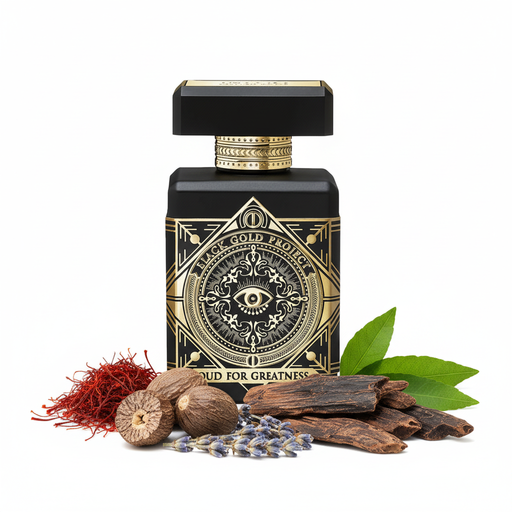 Perfume con notas de azafrán, nuez moscada, lavanda, madera de oud, pachulí y almizcle