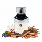 Perfume con notas de bayas de enebro, magnolia, especias, cuero, cedro, madera de sándalo, ámbar gris y tabaco