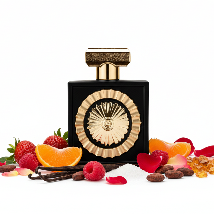 Perfume con notas de bayas rojas, mandarina, vainilla, cacao, rosa, azúcar, haba tonka, ámbar y almizcle