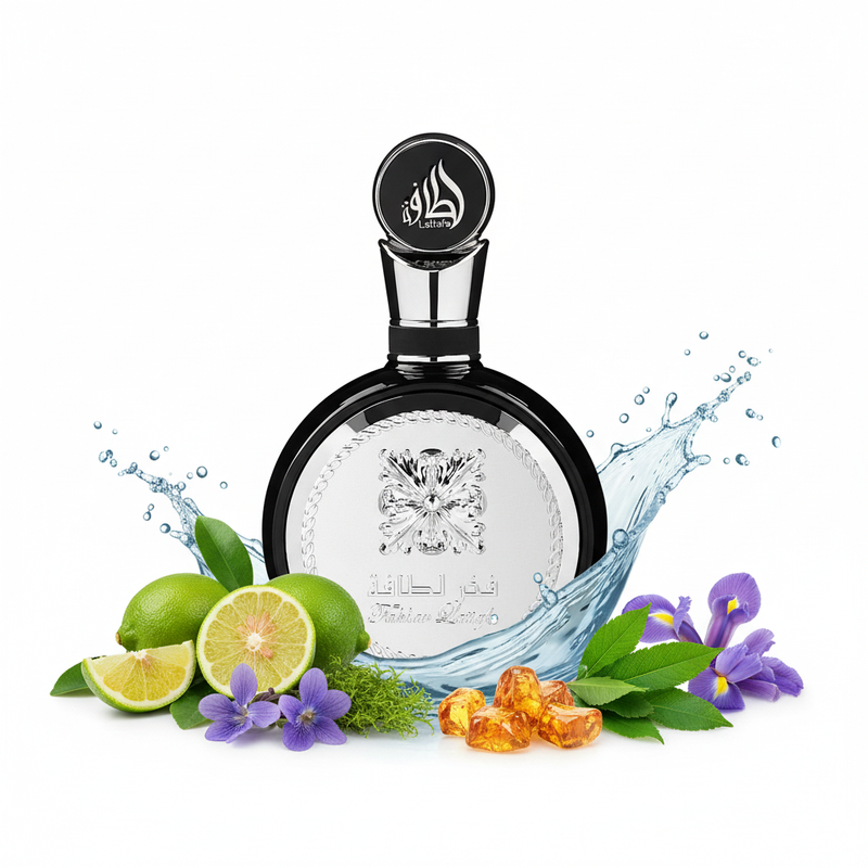 Perfume con notas de bergamota, acordes marinos, violeta, ámbar, musgo de roble, pachulí e iris