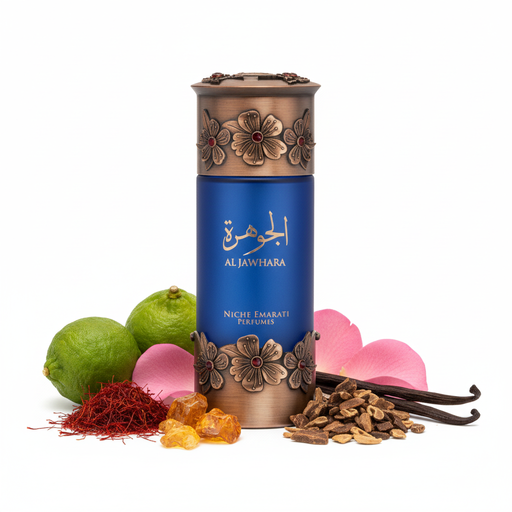 Perfume con notas de bergamota, azafrán, rosa, ámbar, oud, almizcle y vainilla