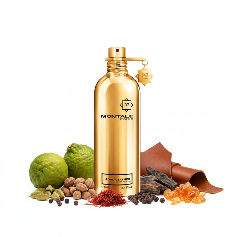 Perfume con notas de bergamota, cardamomo, pimienta, azafrán, cuero, madera de oud y ámbar gris