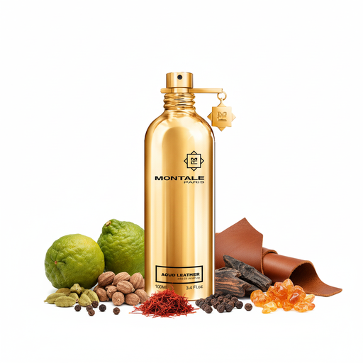 Perfume con notas de bergamota, cardamomo, pimienta, azafrán, cuero, madera de oud y ámbar gris