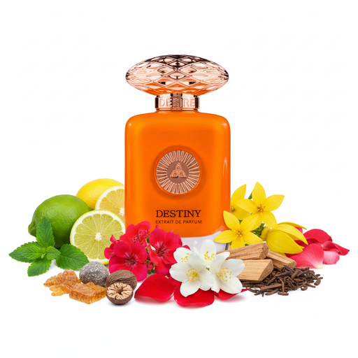 Perfume con notas de bergamota, cedrón, limón, ylang-ylang, geranio, jazmín, rosa, ámbar gris, nuez moscada, cedro y madera de oud