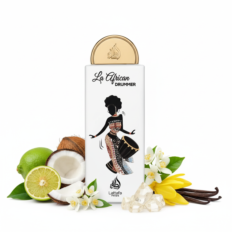 Perfume con notas de bergamota, coco, jazmín, flor de naranjo, ylang-ylang, ambroxan, vainilla y almizcle