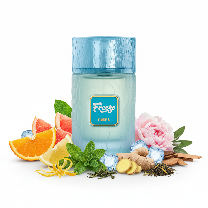 Perfume con notas de bergamota de Calabria, toronja, entusiasmo de limón, spearmint, acorde de nieve, jengibre, salvia, té, hielo, peonía, cedro y Ambermax