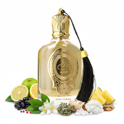 Perfume con notas de bergamota, grosella negra, manzana, limón, pimienta rosa, piña, pachulí, jazmín marroquí, abedul, almizcle, liquen, ambroxan y cedro