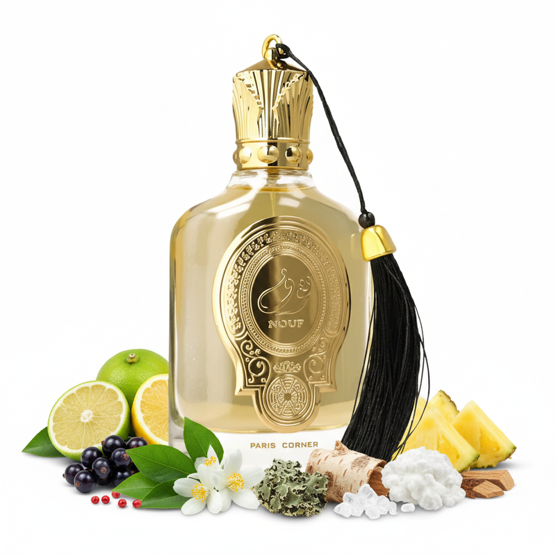 Perfume con notas de bergamota, grosella negra, manzana, limón, pimienta rosa, piña, pachulí, jazmín marroquí, abedul, almizcle, liquen, ambroxan y cedro