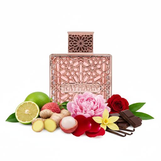 Perfume con notas de bergamota, jengibre, lichi, peonía, rosa, vainilla, chocolate y pachulí