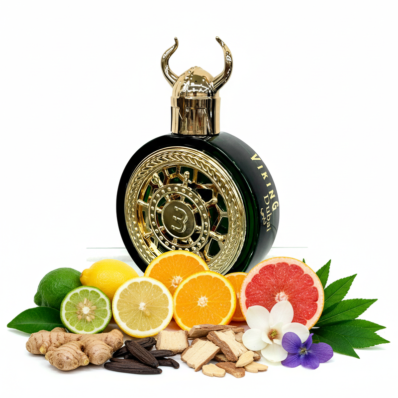 Perfume con notas de bergamota, jengibre, limón, naranja dulce, pomelo, haba tonka, madera de cachemira, magnolia, violeta, almizcle blanco y pachulí