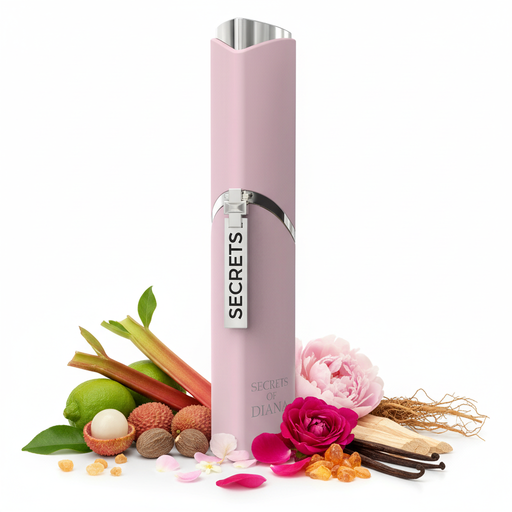 Perfume con notas de bergamota, lichi, nuez moscada, ruibarbo, almizcle, petalia, peonía, rosa turca, vainilla, cashmeran, cedro, incienso y vetiver haitiano