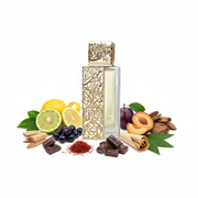 Perfume con notas de bergamota, limón, azafrán, cassis, ciruela, praliné, madera de roble, oud, papiro y pachulí