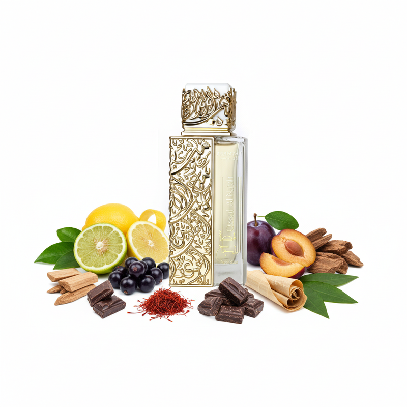 Perfume con notas de bergamota, limón, azafrán, cassis, ciruela, praliné, madera de roble, oud, papiro y pachulí