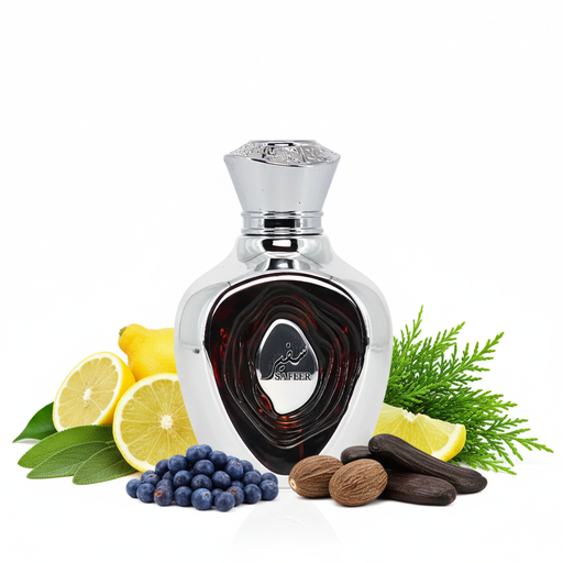 Perfume con notas de bergamota, limón, enebro, salvia esclarea, nuez moscada, haba tonka y ciprés