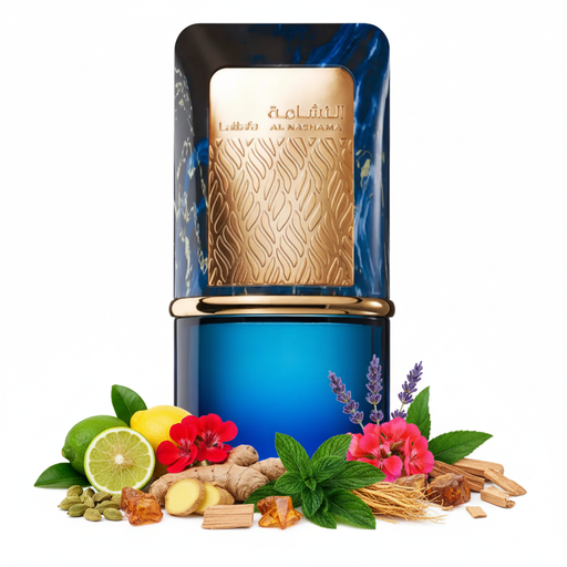 Perfume con notas de bergamota, limón, jengibre, cardamomo, geranio, menta, lavanda, ámbar, pachulí, vetiver y cedro