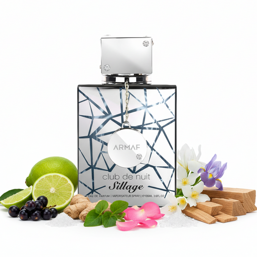 Perfume con notas de bergamota, lima, grosellas negras, jengibre, hojas de violeta, rosa, iris, jazmín, almizcle, ambroxan, sándalo y cedro