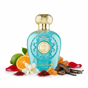 Perfume con notas de bergamota, mandarina, jazmín, rosa, azafrán, ámbar, madera de oud y vainilla