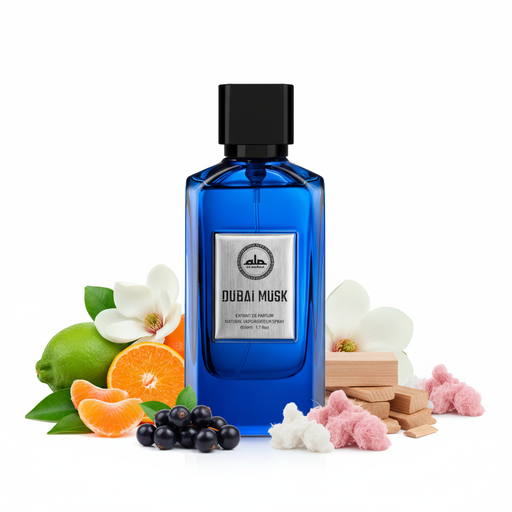 Perfume con notas de bergamota, mandarina, magnolia blanca, grosella negra, sándalo, almizcle blanco y almizcle rosa