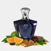 Perfume con notas de bergamota, mandarina, ámbar, acordes amaderados, almizcle, pachulí y especias frescas