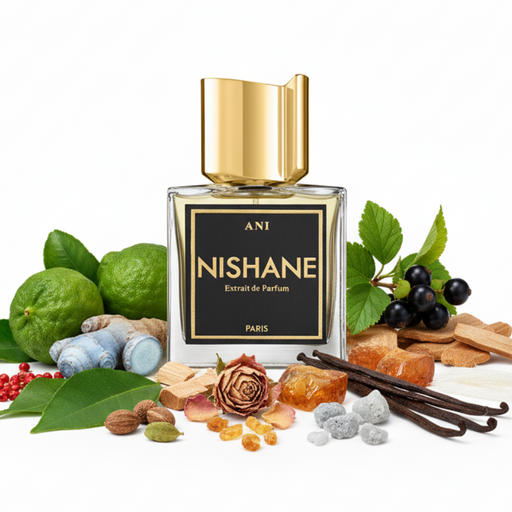 Perfume con notas de bergamota, notas verdes, jengibre azul, pimienta rosa, grosellero negro, rosa turca, cardamomo, pachulí, cedro, vainilla, benjuí, ámbar gris, almizcle y sándalo