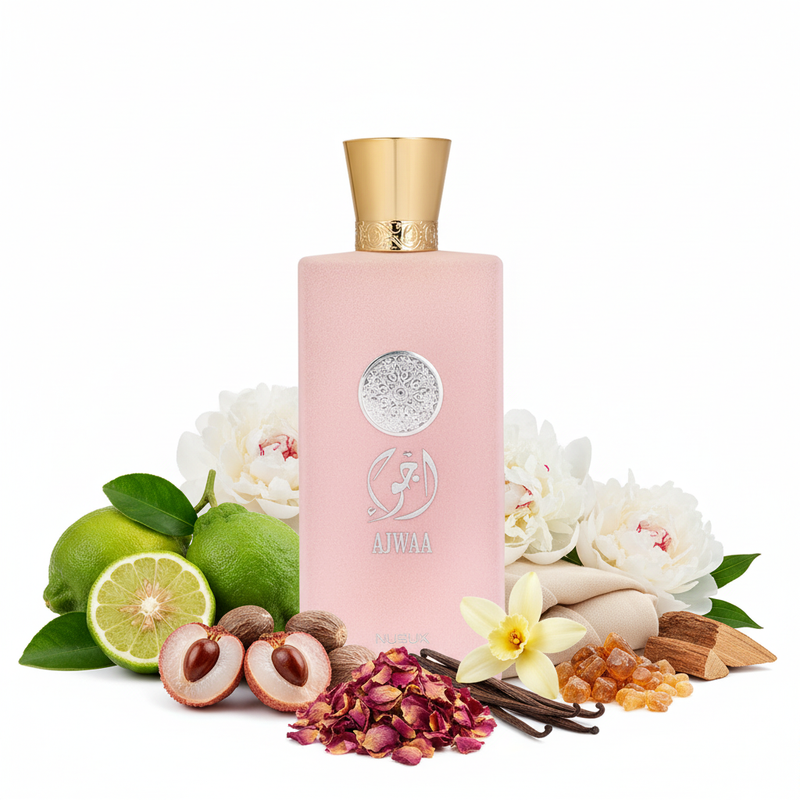 Perfume con notas de bergamota, nuez moscada, lichi, rosa turca, vainilla, peonía, almizcle, cachemira, incienso y cedro