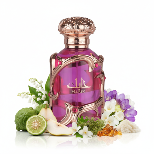 Perfume con notas de bergamota, pera, lirio de los valles, fresia, jazmín, musgo de roble, ámbar y almizcle