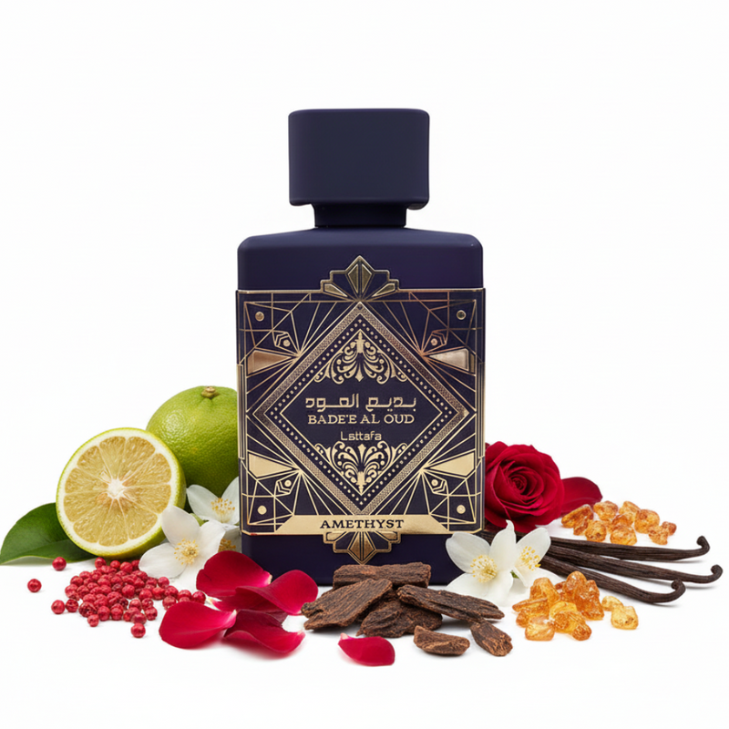 Perfume con notas de bergamota, pimienta rosa, jazmín, rosa búlgara, rosa turca, oud, vainilla y ámbar