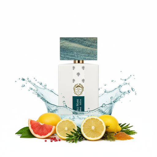 Perfume con notas de bergamota, pomelo, limón, pimienta rosa, ciprés, notas marinas, musgo de roble y ámbar gris