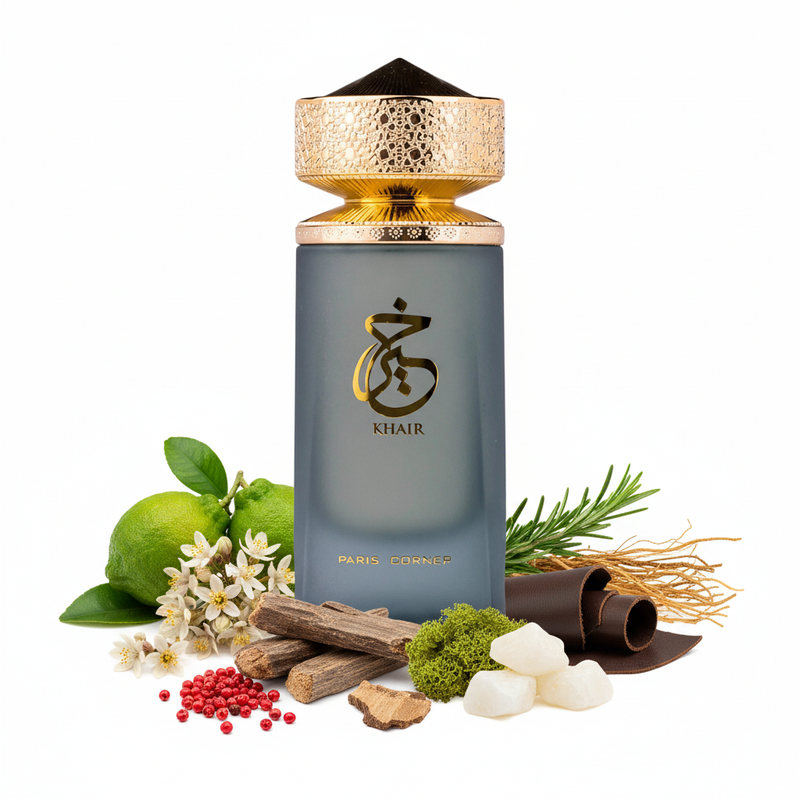 Perfume con notas de bergamota siciliana, davana, pimienta rosa, madera de agar oud, ámbar blanco, romero, cuero, musgo y vetiver de Haití