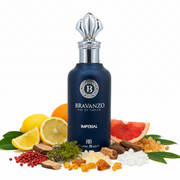 Perfume con notas de cítricos, pimienta rosa, bergamota, pomelo, notas amaderadas, musgo de roble, incienso, cachemira, maderas nobles, ámbar, almizcle, almizcle blanco, ámbar gris y pachulí