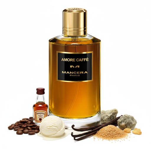 Perfume con notas de café, amaretto, vainilla, helado, azúcar moreno y ámbar gris