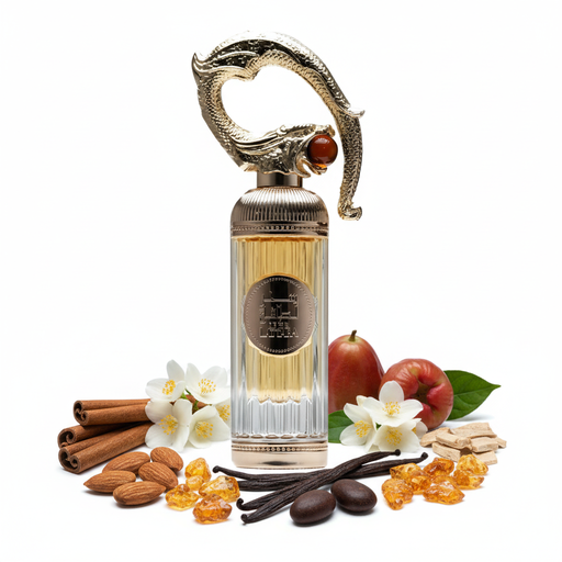 Perfume con notas de canela, almendra amarga, jazmín, pomarosa, madera de akigala, vainilla absoluta, ámbar y haba tonka