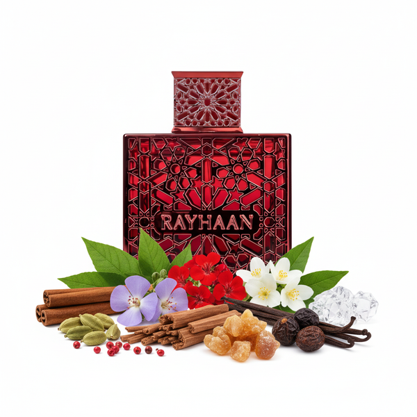 Perfume con notas de canela, cardamomo, pimienta rosa, sándalo, pachulí, heliotropo, geranio, jazmín, vainilla, benjuí, haba tonka y ambroxan