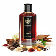 Perfume con notas de canela, madera de oud, incienso, azafrán, nuez moscada, manzana verde, pera blanca, pachulí, jazmín, tabaco, vainilla de Madagascar, ámbar, sándalo, madera de guaiac, almizcle blanco y vetiver de Haití