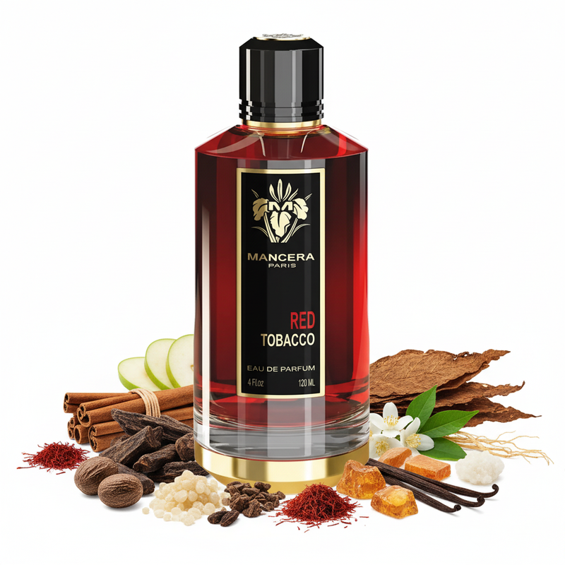 Perfume con notas de canela, madera de oud, incienso, azafrán, nuez moscada, manzana verde, pera blanca, pachulí, jazmín, tabaco, vainilla de Madagascar, ámbar, sándalo, madera de guaiac, almizcle blanco y vetiver de Haití