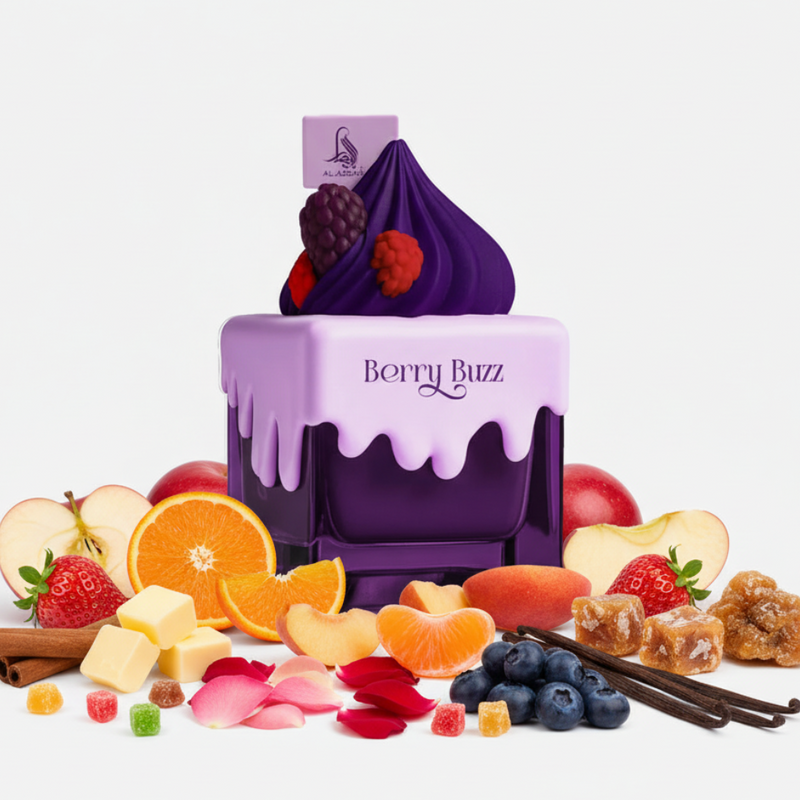 Perfume con notas de canela, mantequilla, manzana, mandarina, melocotón, fresa, rosa, arándano, vainilla, fruta confitada, azúcar quemada y ámbar gris