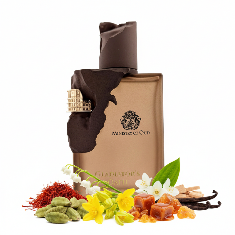 Perfume con notas de cardamomo, azafrán, lirio de los valles, ylang-ylang, jazmín, vainilla, caramelo, ámbar y sándalo