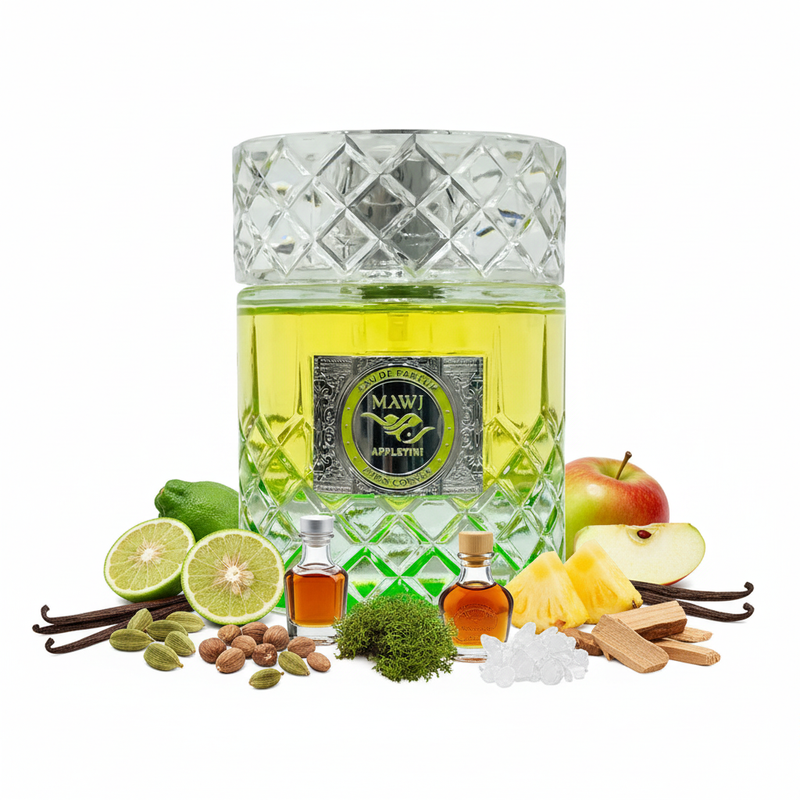 Perfume con notas de cardamomo, bergamota, manzana, ron, brandy, piña, vainilla, musgo, ambroxan y cedro