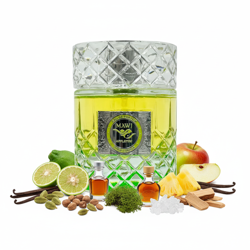 Perfume con notas de cardamomo, bergamota, manzana, ron, brandy, piña, vainilla, musgo, ambroxan y cedro