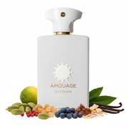 Perfume con notas de cardamomo, bergamota, pimienta rosa, incienso, bayas de enebro, mirra, vainilla, cedro y pachulí