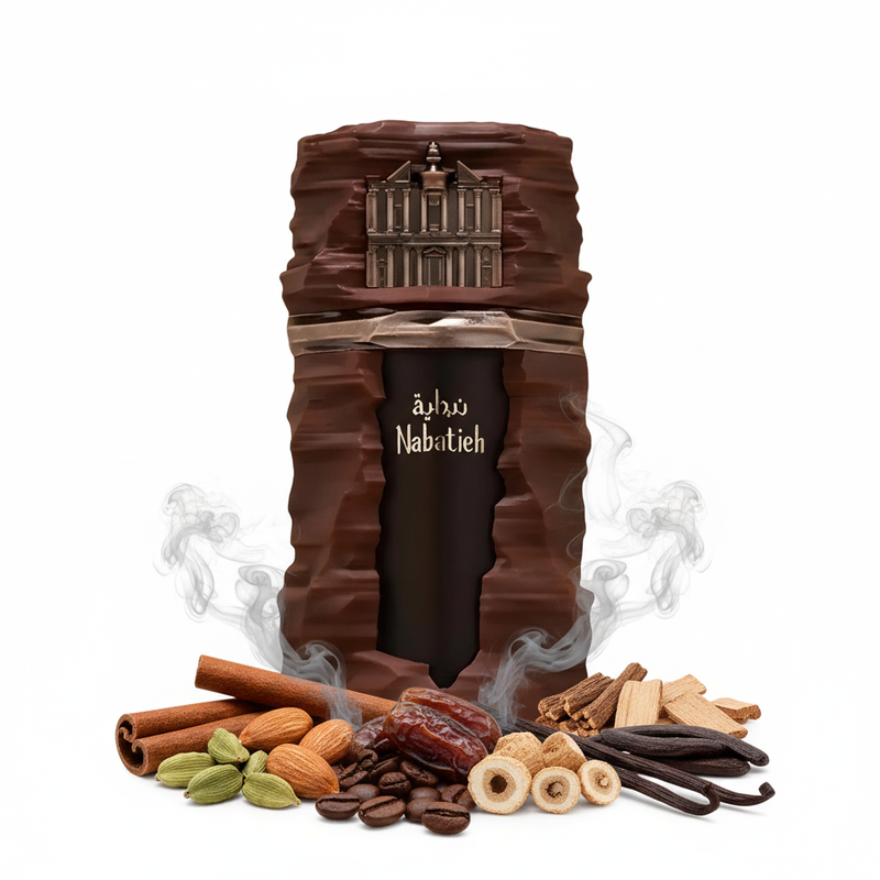 Perfume con notas de cardamomo, canela, almendra, dátiles, café, vainilla, raíz de lirio, humo, Akigalawood, haba tonka y cedro