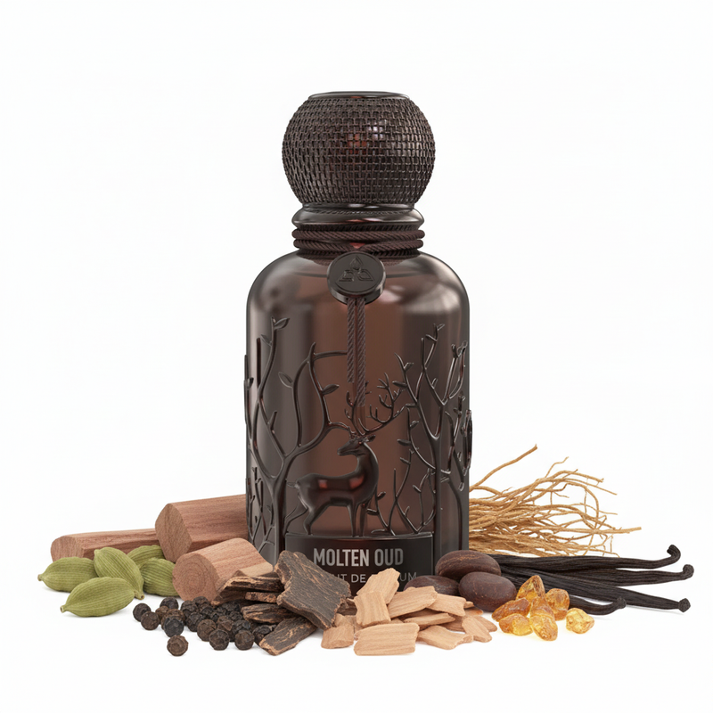 Perfume con notas de cardamomo, pimienta, palisandro, sándalo, madera de oud, vetiver, haba tonka, vainilla y ámbar