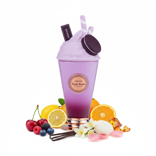 Perfume con notas de cereza, bayas silvestres, bergamota, naranja, vainilla, flores blancas, rosa, notas atalcadas, ámbar y almizcle